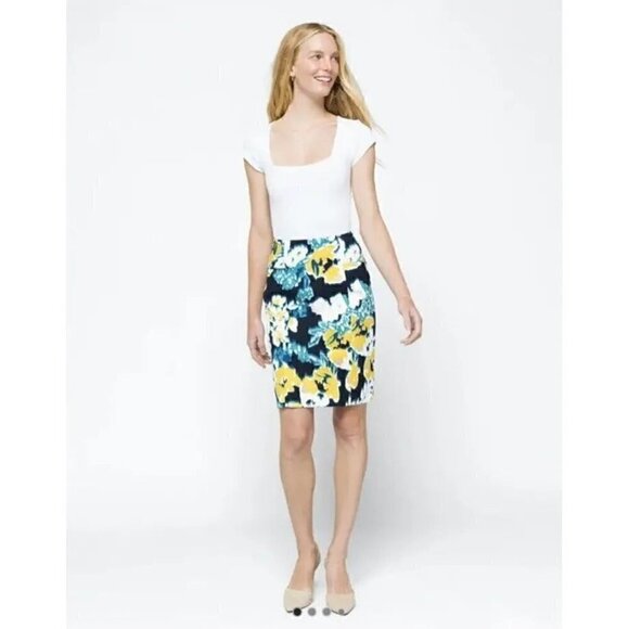 Lysse Charity Pencil Skirt Navy Yellow Abstract Floral Elastic Waist Medium - Picture 1 of 6